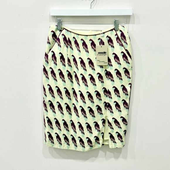 H&M Bird Print Pull On High Waisted Mini Pencil Skirt Lime Yellow Women's Size 2 - Picture 1 of 4